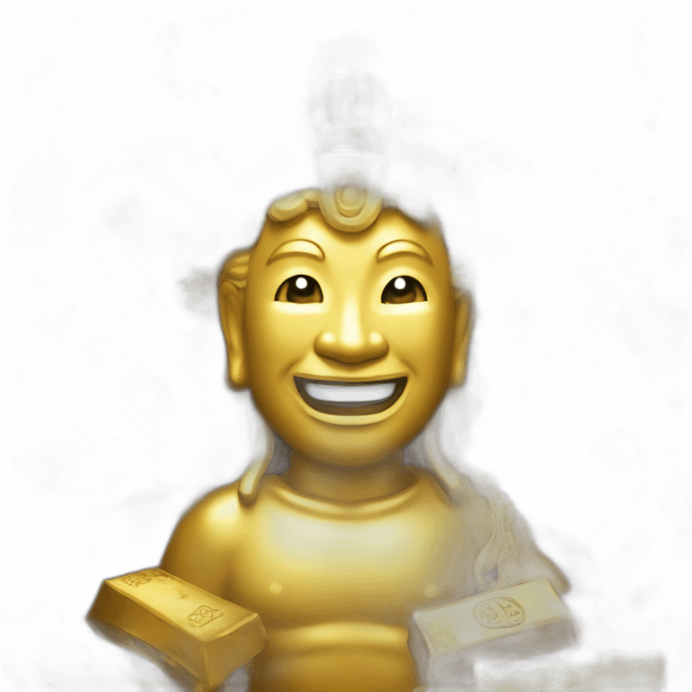 Smiling photo realistic enchanting chinese god of wealth surrounded by gold bars and Money emoji