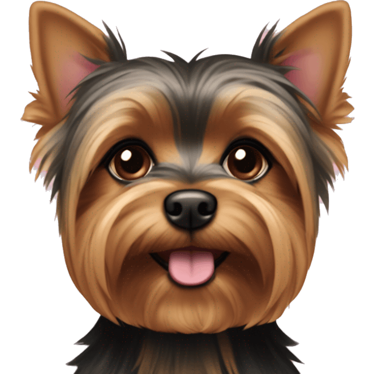 Yorkie Dog with Brown and black fur and brown eyes with short hair with a pink collar emoji