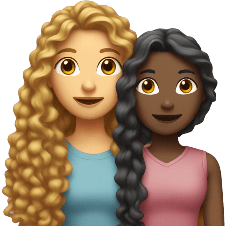 Two female friends with long hair, one is straight and the other is curly. They have the same skin tone and a heart between them. emoji