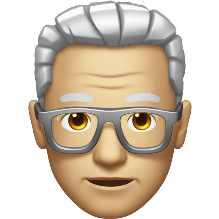 Older Male cyborg head with metallic plated face, brown flat top haircut, glasses and circuitry emoji