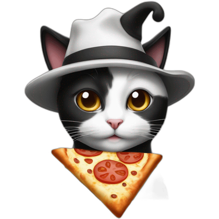 A black and white cat with italian hat and holdin a pizza emoji