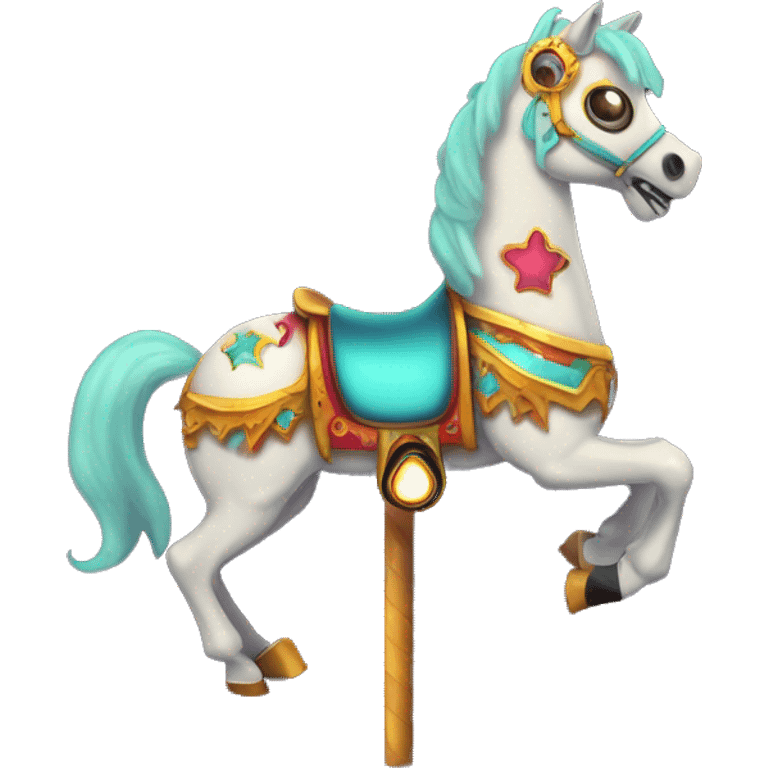 creepy carousel horse with glowing eyes, spinning in a dark circus emoji