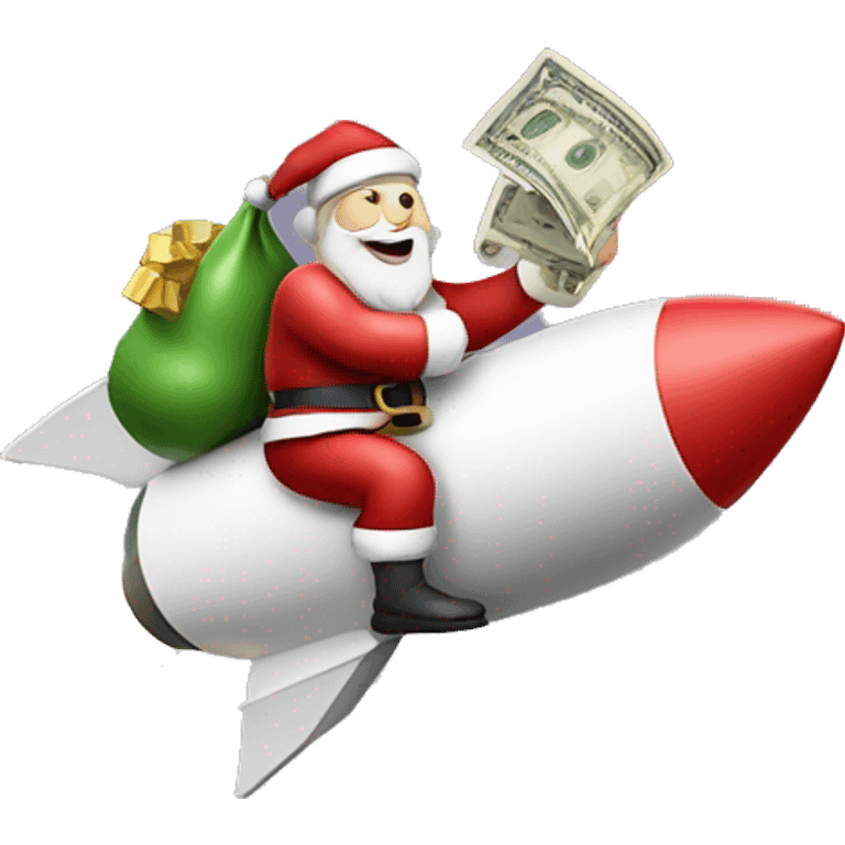 santa riding a rocket whilst holding a sack of money emoji