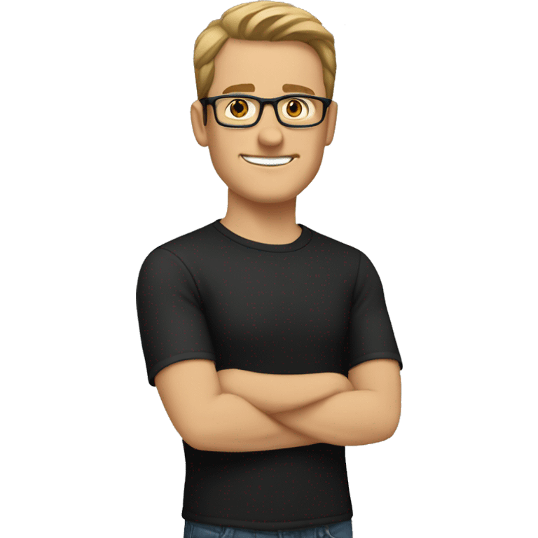 white man with short light brown hair, brown eyes, and glasses wearing a black t-shirt emoji