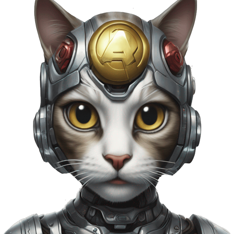 Cyborg cat in Marvel Avengers style, oil paint, mysterious eyes, intricate lips, masterpiece portrait , odd perspective, beautiful, desirable, logical emoji