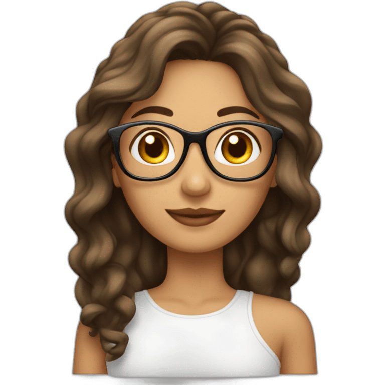 Mujer cabello castaño largo, piel pálida con lentes emoji