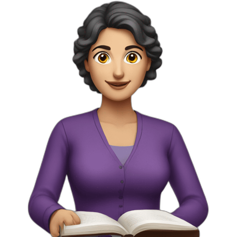 Armenian women with the purple clothes reading book and looking at camera and smiling  emoji