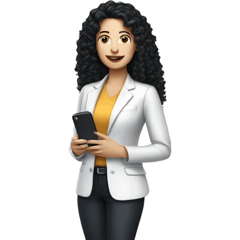 corporate white woman, long black curly hair, with a phone emoji