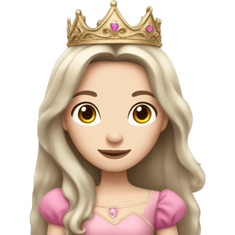 brunette princess with pale skin and long hair and a crown and a pink dress emoji