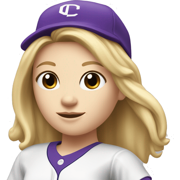 baseball card character. white female. longe blonde straight hair. letter C logo. Purple and white uniform.  emoji