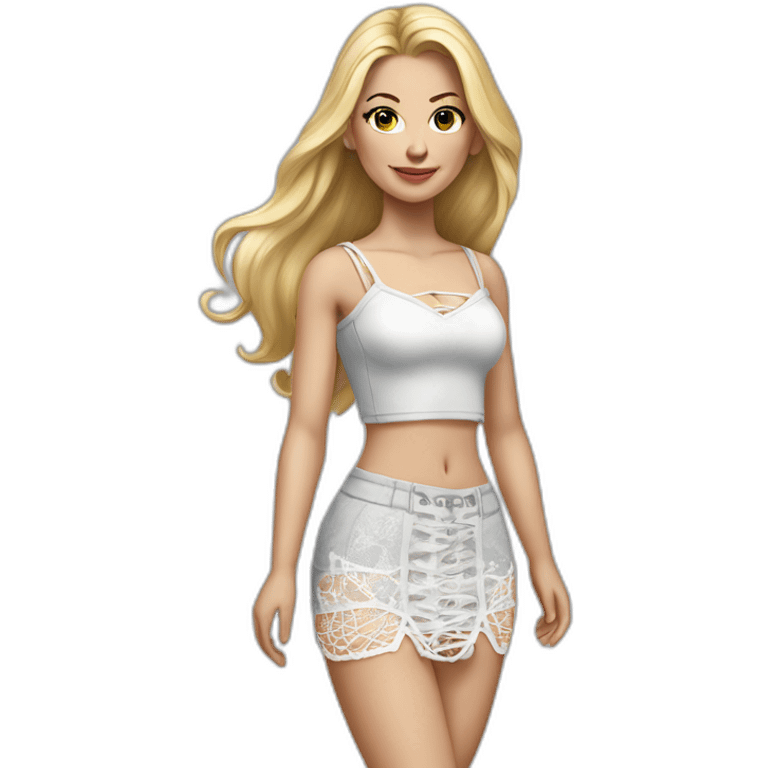 hyperrealistic caucasian female, long straight blonde hair, white lace-up crop top and grey tight mini skirt emoji