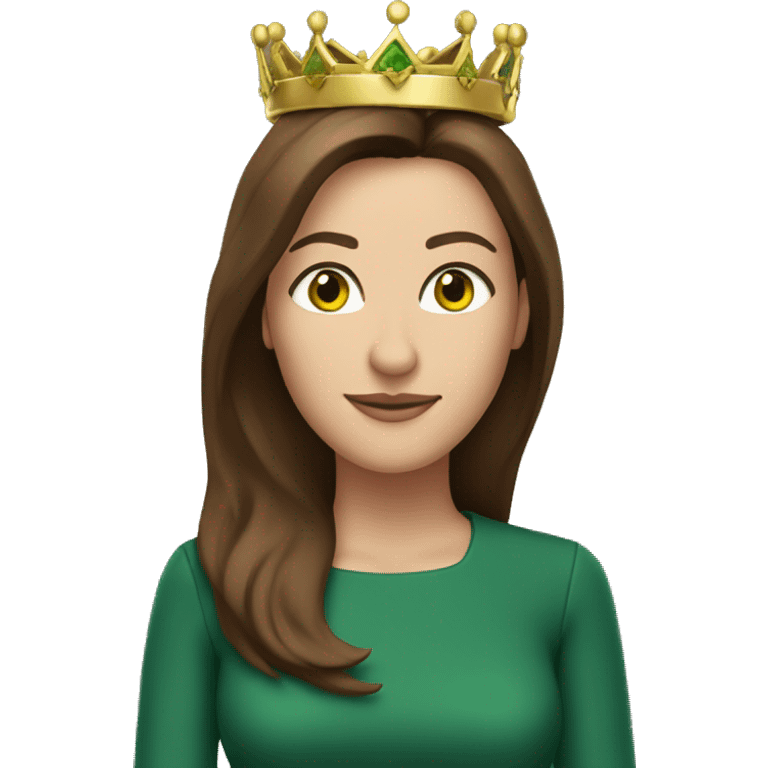 pretty 40 year old woman green eyes  shoulder length straight brown hair gold crown emoji