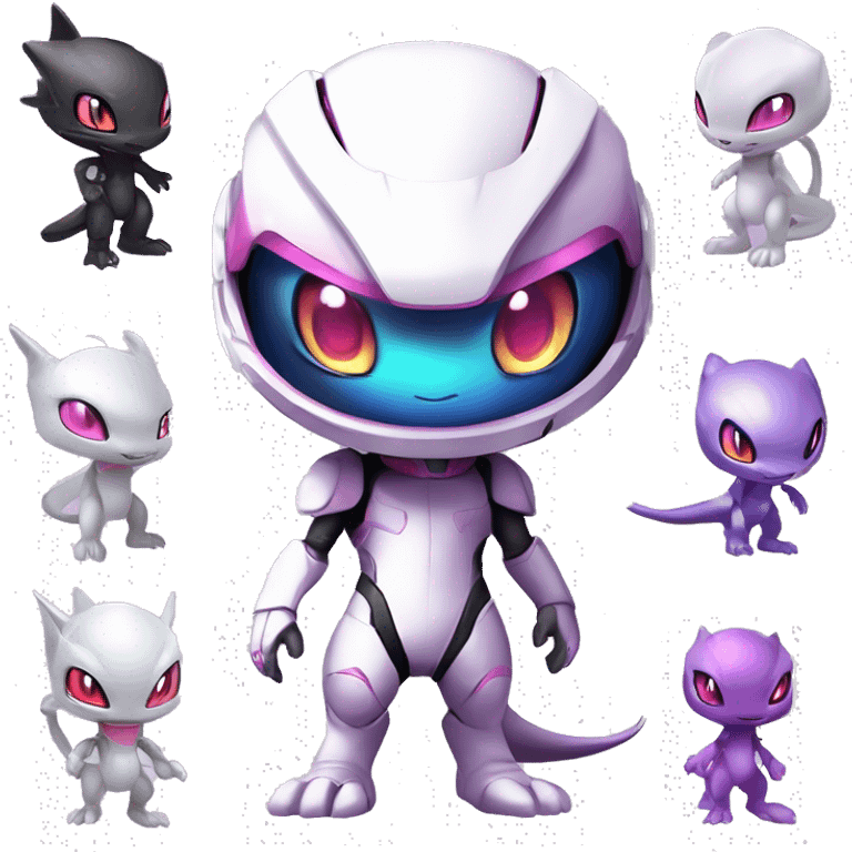 White, Chibi, White body, Anthro-Sona-Lizard-Alien-Salazzle-Mew-Mewtwo-Fakémon, with pink eyes, with a futuristic visor-helmet, wearing a techwear-suit, Full Body emoji