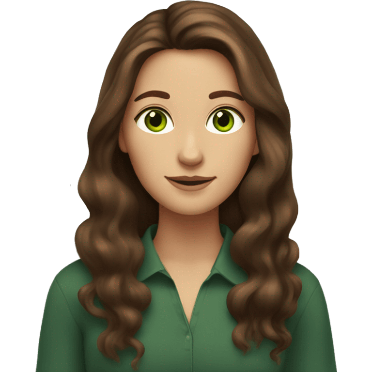 Brown hair woman with long hair and green eyes with her dark tortoise shell cat emoji