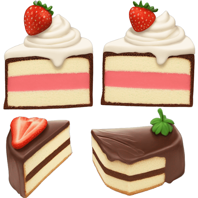 Chocolate Cake Slice with strawberry frosting on the top left of the cake slice and vanilla frosting on the top right of the cake slice and a face emoji