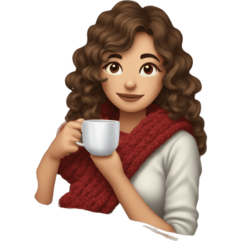 26 year old wonan with brown soft wavy hair and curtain bangs who crochets on the sofa with a blanket on herself. Near her there is a cup of tea. It’s Christmas time emoji