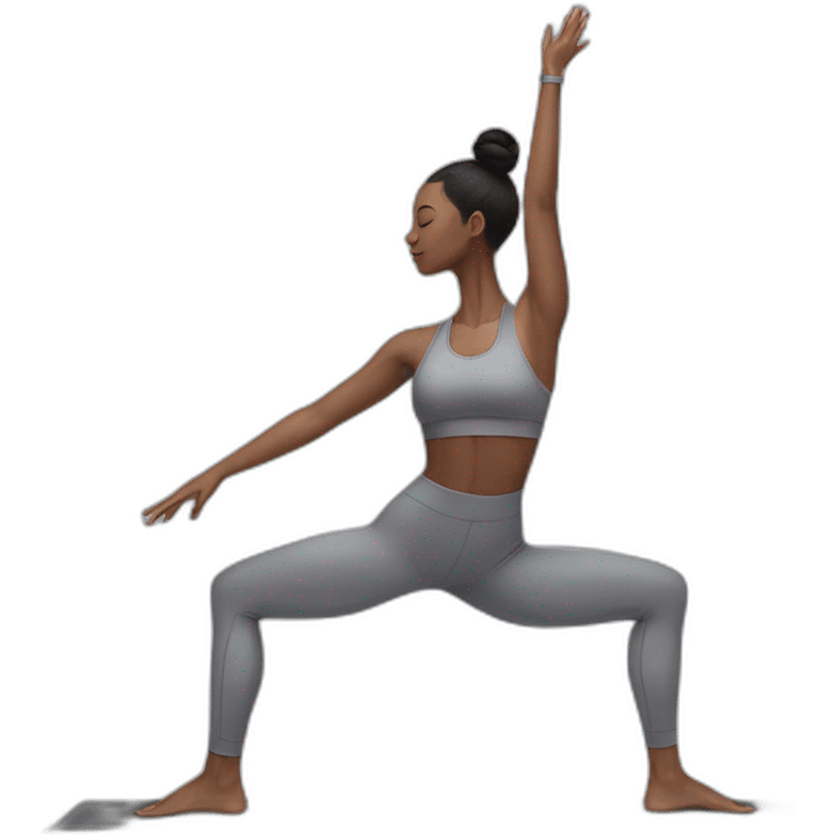 Pale skinned fit woman In a gray tight yoga suit and wristbands With black hair in a bun doing yoga emoji