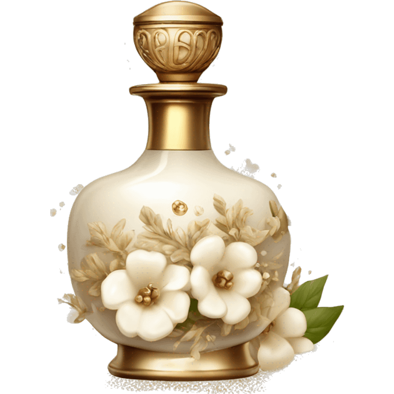 Vintage perfume bottle in antique Greek style, white and beige, oil perfume inside, sequins and flowers fluttering around emoji