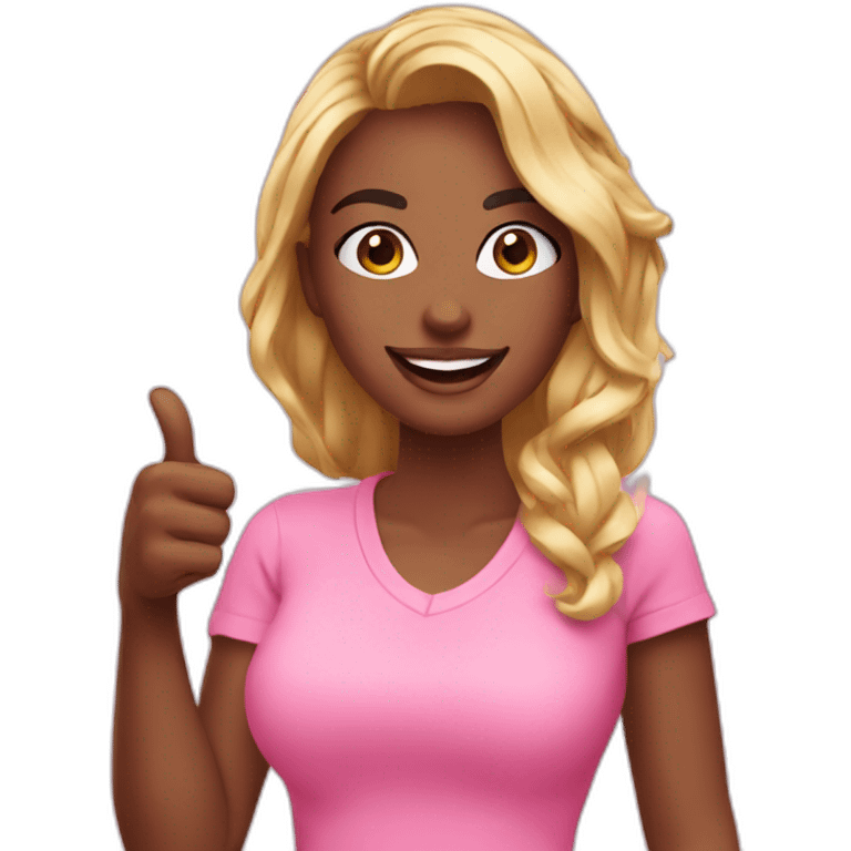 influencer promoting a pink product in her arms and thumb up emoji