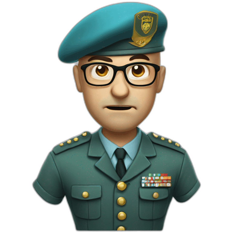 Realistic cyan beret bald very furious 50 years old man with glasses no hair furious very angry frown with khaki uniform emoji