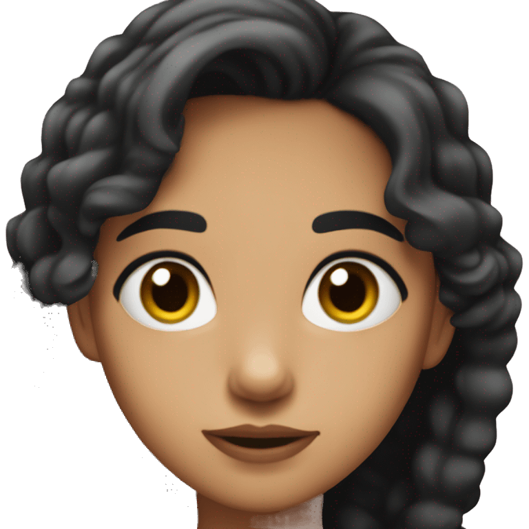 Girl with black hair , mad , her hair is not curly neither straight its ondulated hair , it's short and she has brown eyes and she has a bow that its pink on her hair emoji