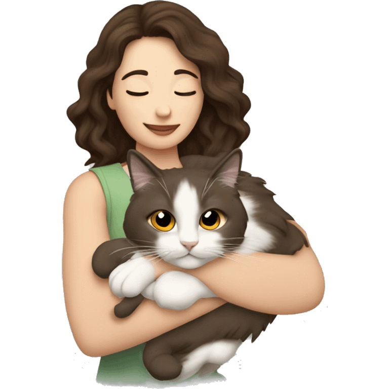 Brunette woman snuggling ragdoll cat emoji