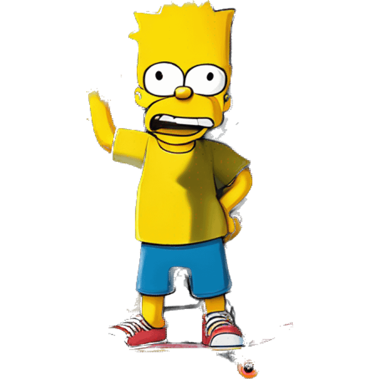 Bart Simpson, skateboard under his arm, poses in front of a graffiti-covered wall. He's giving the camera a playful smirk emoji