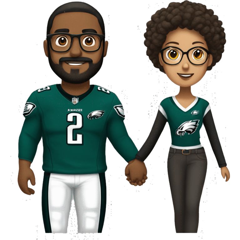 Brown guy with beard mustache and brown girl with glasses and hair in a bun in Philadelphia eagles clothes holding hands emoji