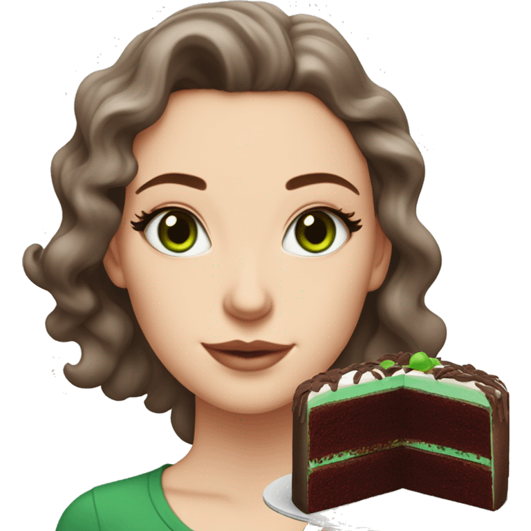 a white girl with dark red burgundy wavy hair and black eyeliner and green eyeseating a huge piece of chocolate cake  emoji