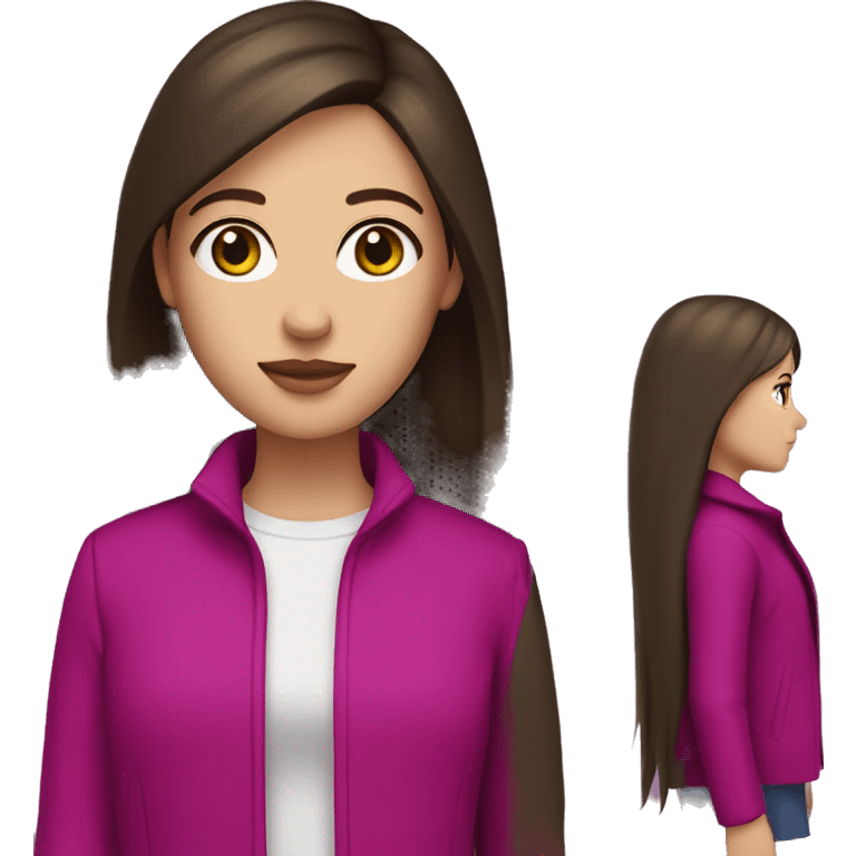 white girl with brown eyes, long straight dark brown hair, curtain bangs, and a magenta jacket emoji