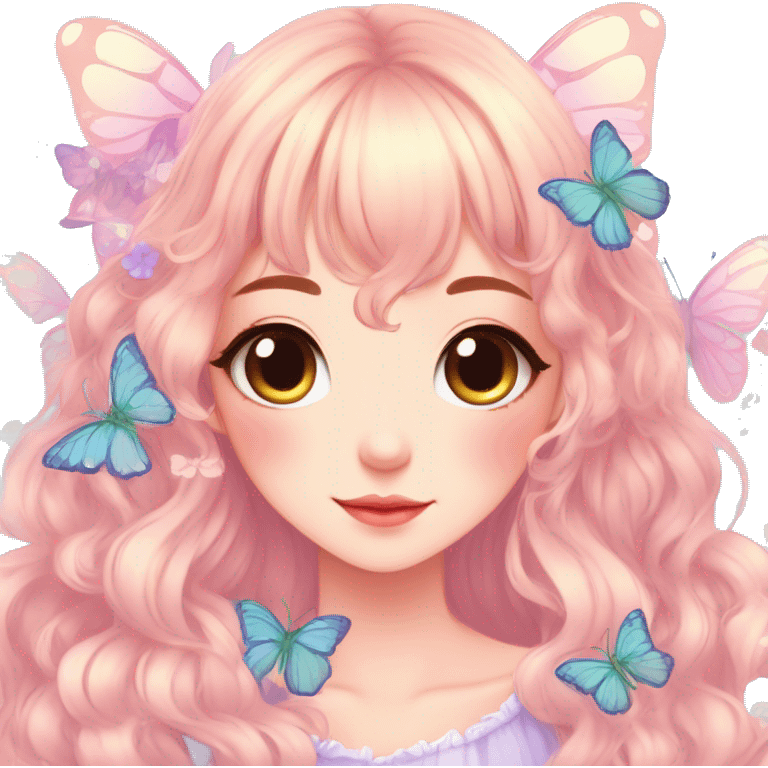 Cute kawaii gorgeous pretty anime cartoon pastel lady with butterflies and beautiful hair fairycore cottagecore detailed high quality trending aesthetic emoji