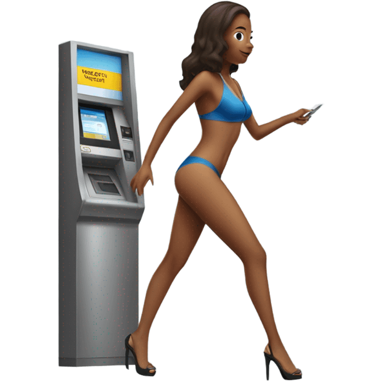 Girl in swimming suit and platform heels waiting for a man who’s using an ATM emoji