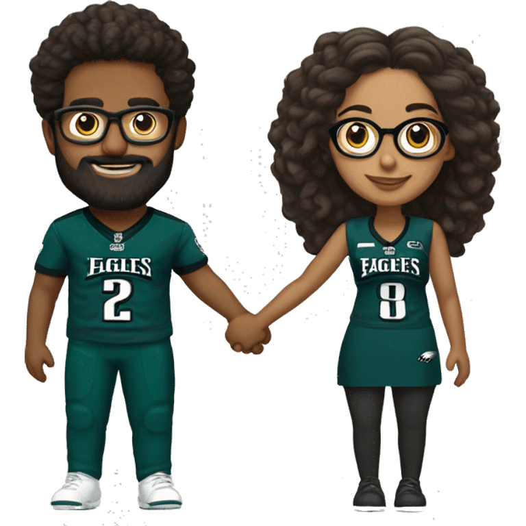 Brown guy with beard mustache and brown girl with glasses and her hair in a bun in Philadelphia eagles clothes holding hands emoji