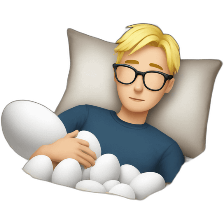 blonde guy with glasses sleeping in a bird nest with eggs emoji