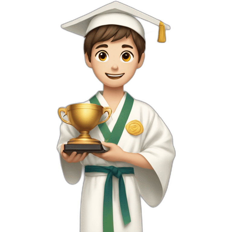 a 12-year-old boy with brown hair with a prize cup in one hand and a diploma in the other hand in a white kimono emoji