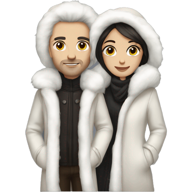 Dark haired White couple in long fur coats emoji