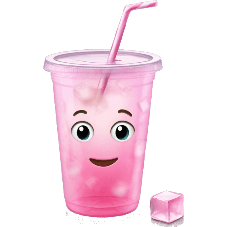 Realistic plastic cup and lid with Transluscent light pink soda and large ice cubes inside and one straw through the top of the lid. emoji