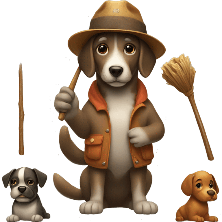 A dog holding a stick in his hand and wearing a hat on his head A dog holding a stick in his hand and wearing a miner's hat on his head  emoji