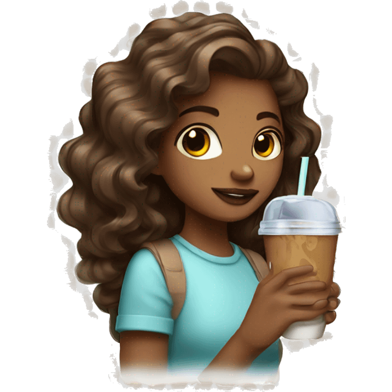 Girl drinking iced coffee with dark brown with highlights curled hair emoji