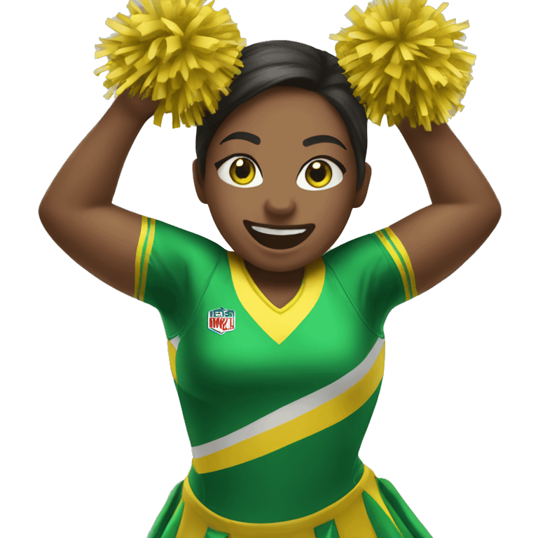 Cheerleader cheering with green and yellow uniform and poms emoji