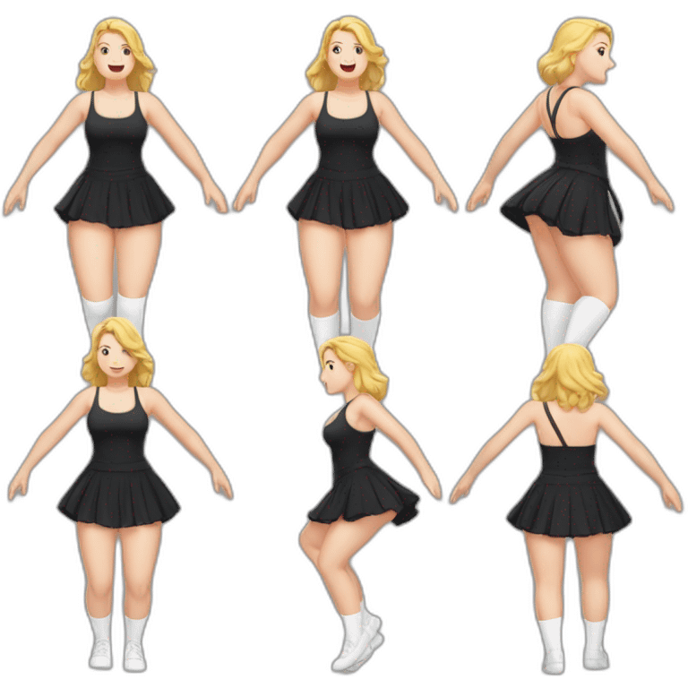 full body caucasian curvy beauty jumping short black skirt back and front views strong wind white knickers long white socks emoji