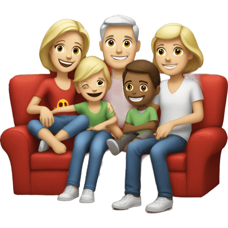 happy white family sit on a red sofa emoji