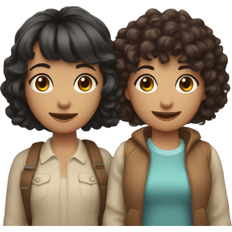 girl with short black curly hair and a girl with mid length brown hair with bangs holding hands and smiling  emoji