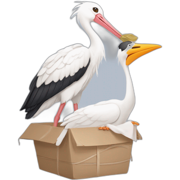  white stork carrying a bundle of cloth in its beak that has a human baby with dark hair and the baby face is peeking out from the cloths bundle the strok is carrying with its beak emoji