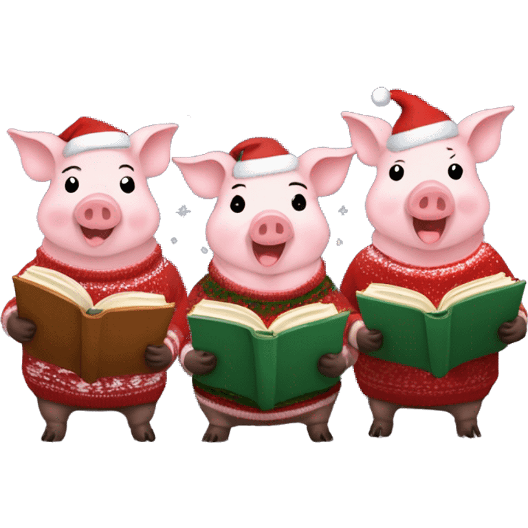 3 pigs wearing ugly Christmas sweaters holding songbooks and singing Christmas carols under a starry sky emoji