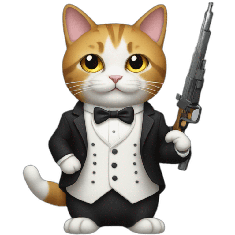 A full-length cat in a tuxedo, holding a weapon in its paws emoji