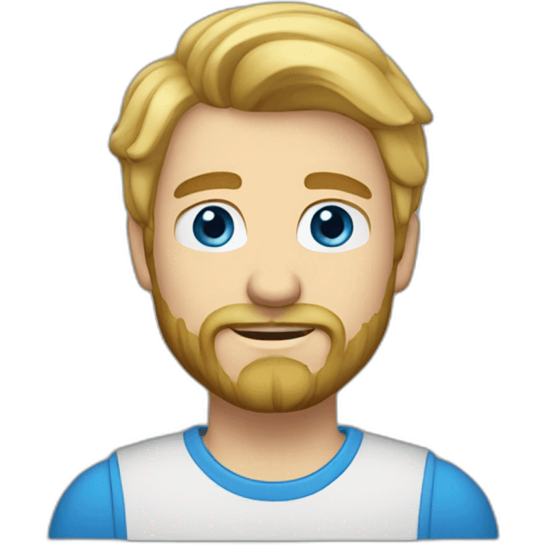 A 27-year-old man with blond hair, blue eyes, beard and mustache emoji