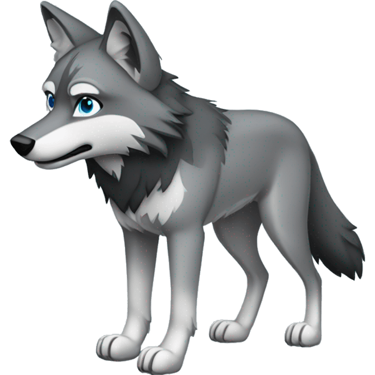 Full-body Grey wolf with black paws, black muzzle, black tail. with blue eyes. full body emoji