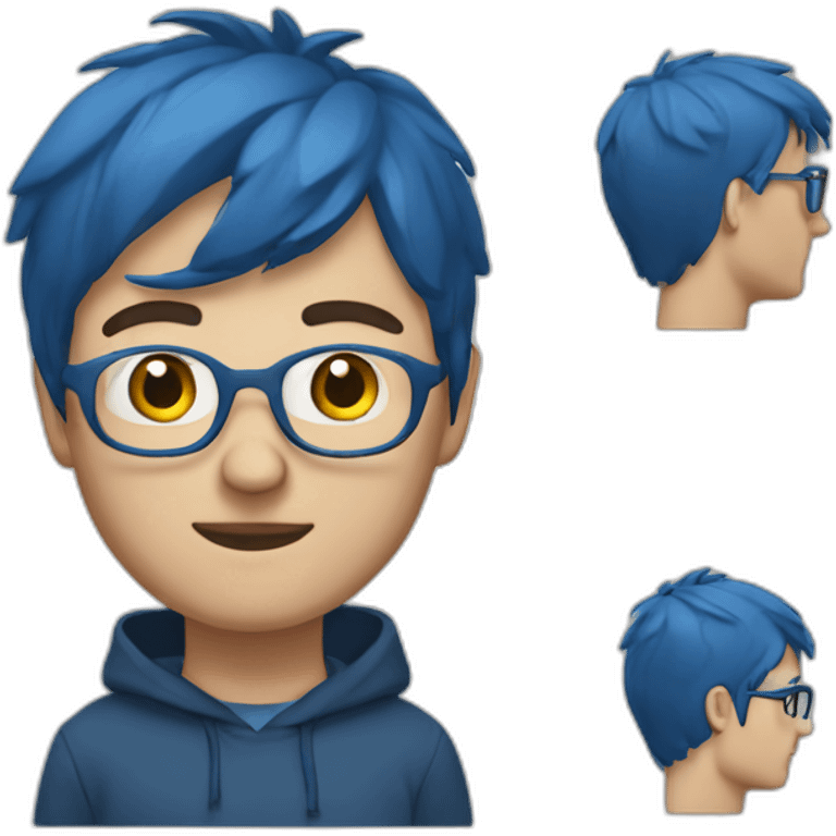 white guy with short straight fringe, clear glasses, a short beard, one earring, very tall and blue hoodie emoji