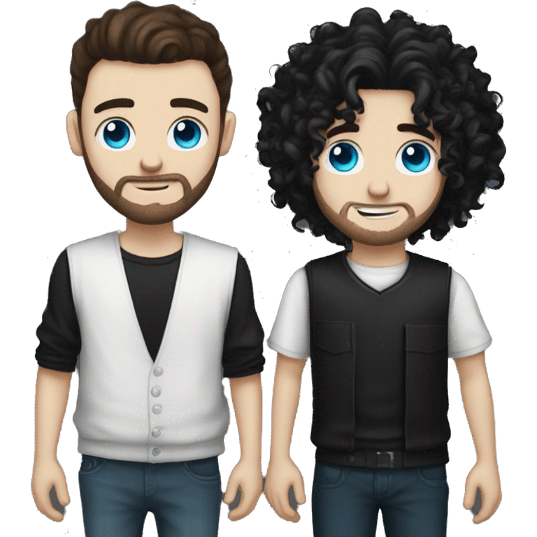 A white goth guy with curly black long back length hair and blue eyes and a brown grunge guy with curly black long back length hair couple and holding hands emoji